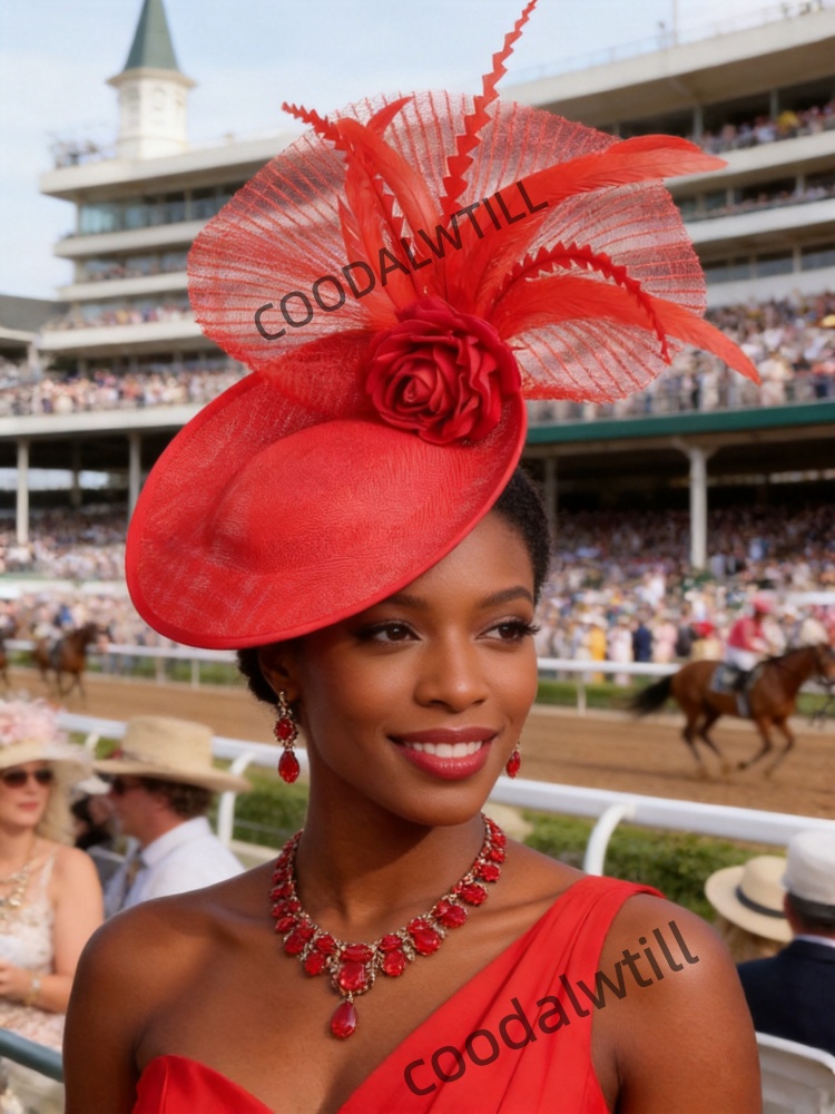 Women'S Fashion Kentucky Derby - Derby Pferderennen Kopfschmuck Roter Netz-Feder-Rosen-Fascinator Hut