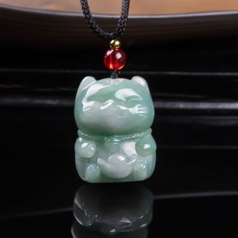 Women'S Fashion - Natürlicher Smaragd-Jade Glückskatze Anhänger Myanmar Jadeit